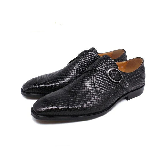 Black Waved Single Monk Strap Shoes